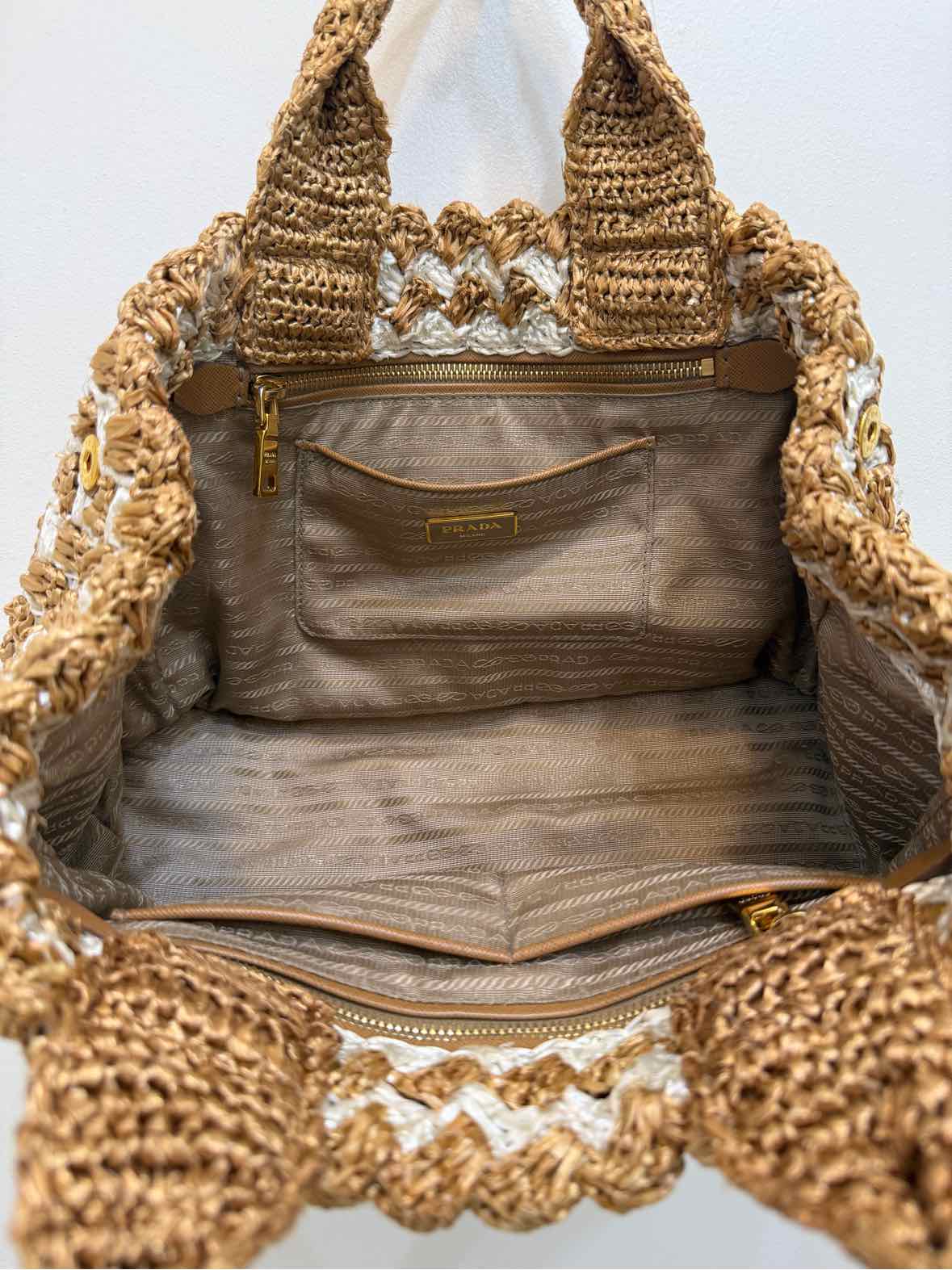 Prada Raffia Crochet Tote brown and white Handbag