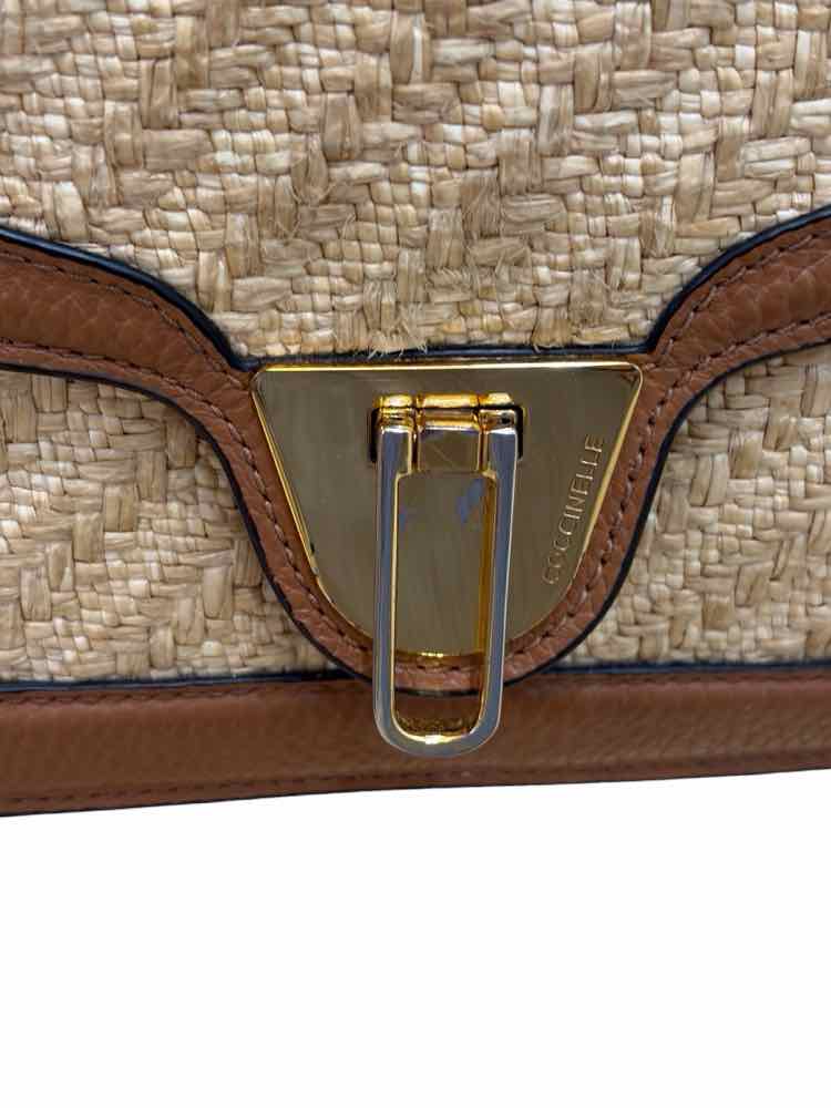 Coccinelle Marvin Twist Raffia Crossbody Bag Brown and Beige Handbag