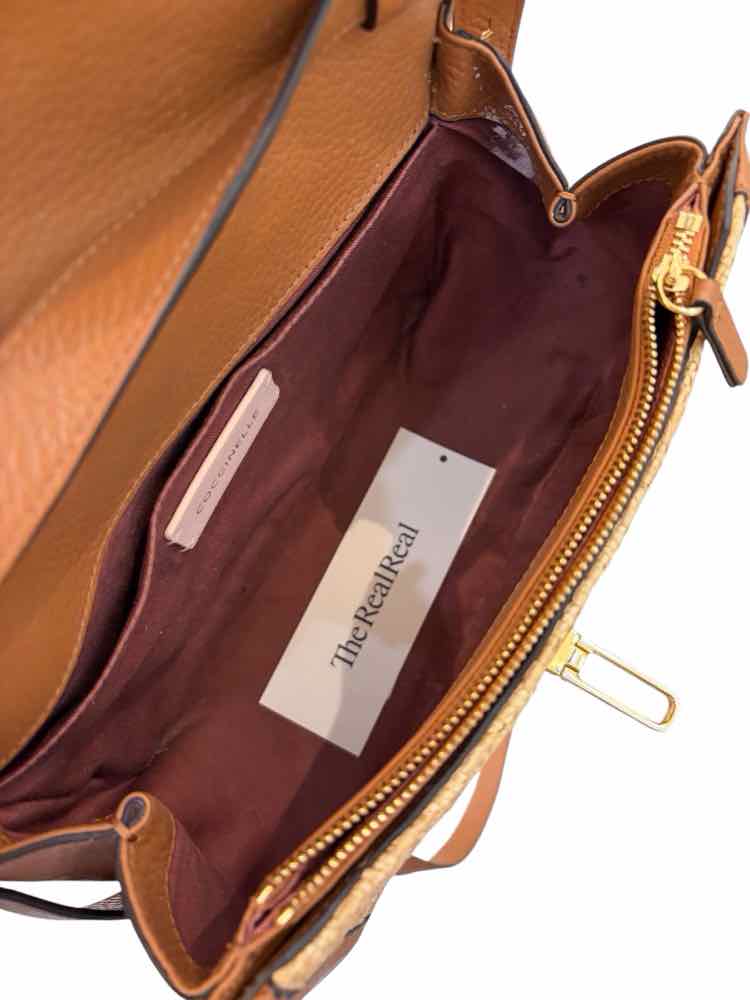 Coccinelle Marvin Twist Raffia Crossbody Bag Brown and Beige Handbag