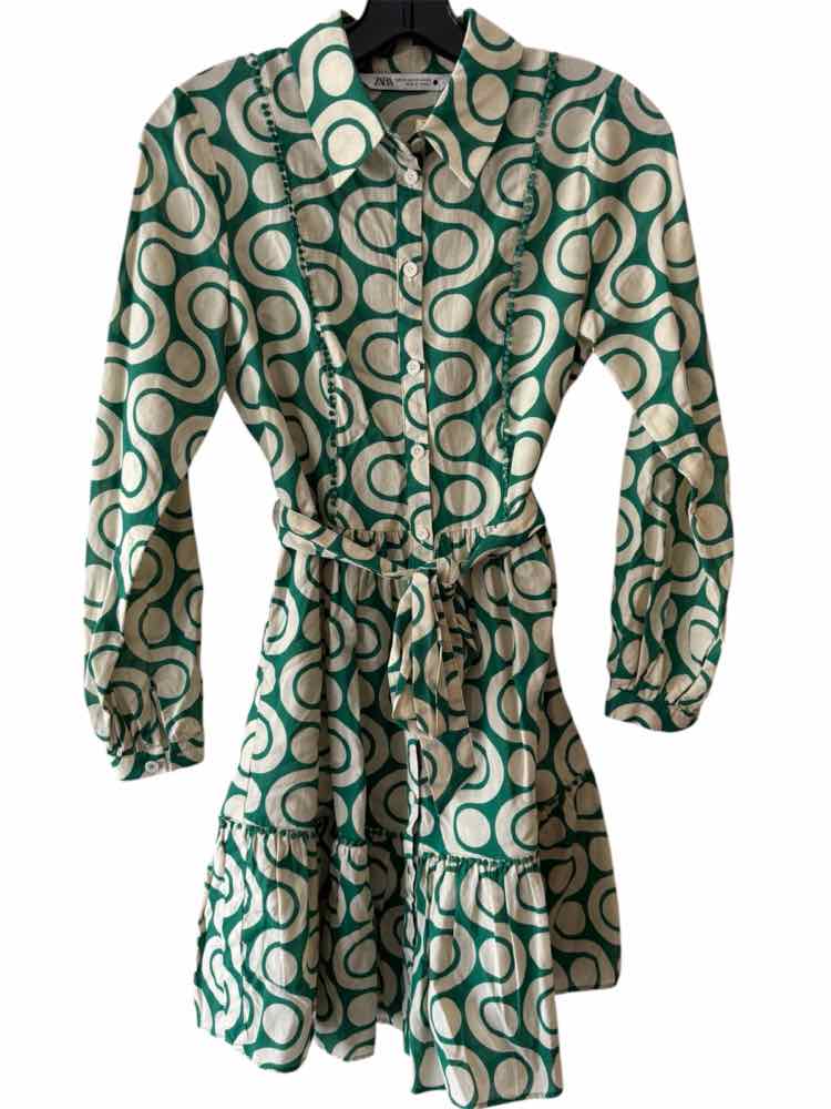 slim fit dress slacks Zara Green and Beige Size XS Dress – Swap Boutique