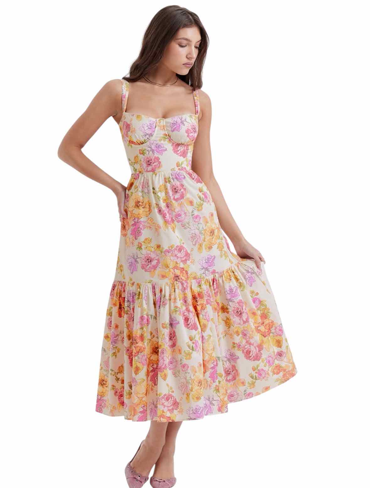 house of cb white floral dress 'Pearl' Embroidered Maxi It has supportive underwired cups and laces up to the back to cinch the fit in Spring Floral Dresses - White