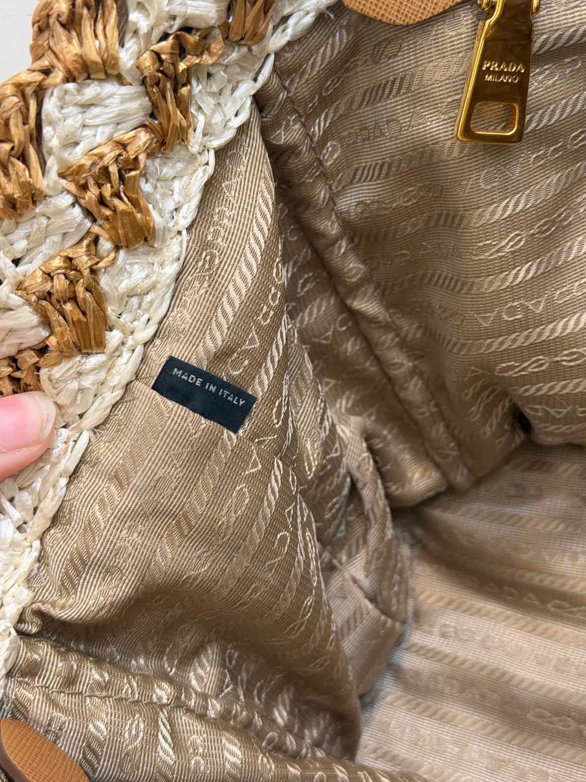 Prada Raffia Crochet Tote brown and white Handbag